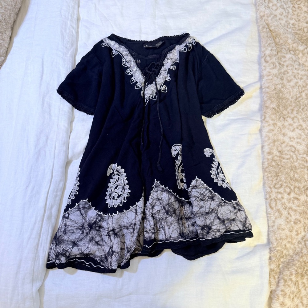 S.R. Fashion Black Boho Paisley Embroidered Batik Lace Up Tunic Top Free Size